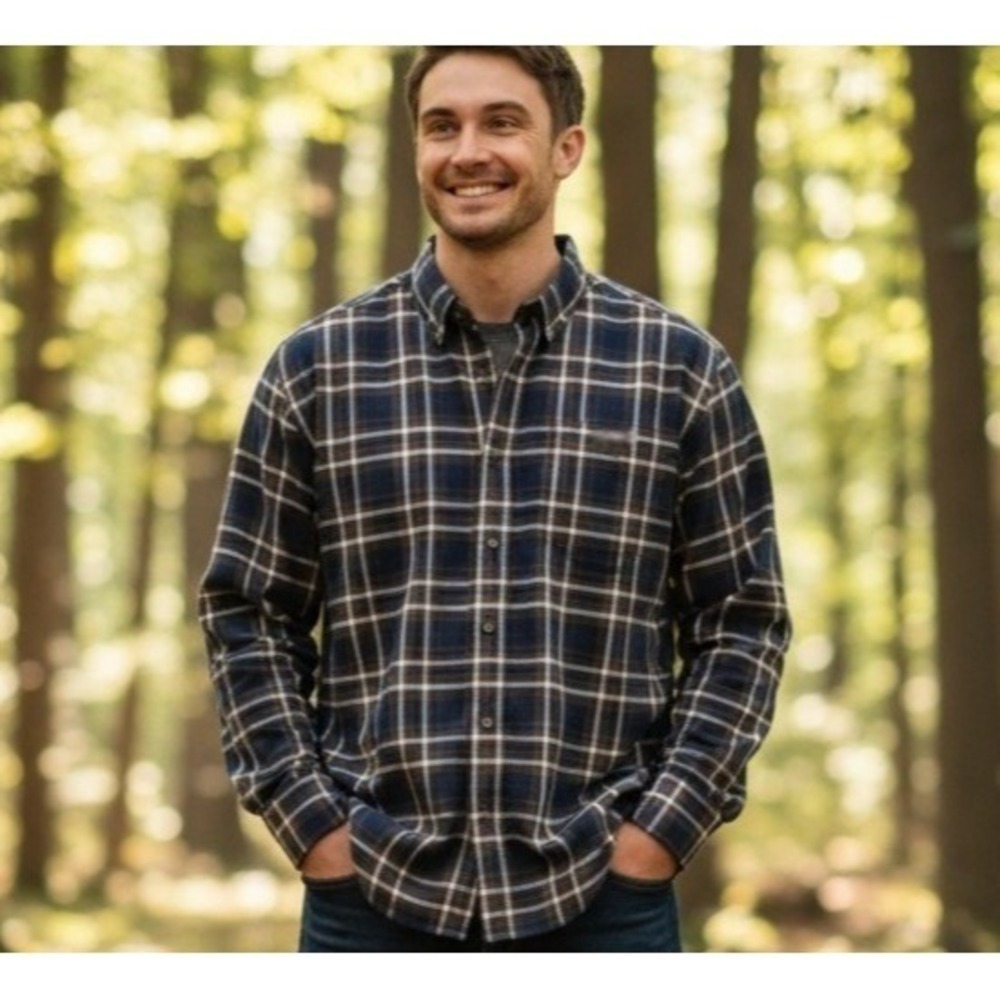 Cabela's Long Sleeve Shirt Button Down Mens Large Maroon Blue Plaid Cotton EUC